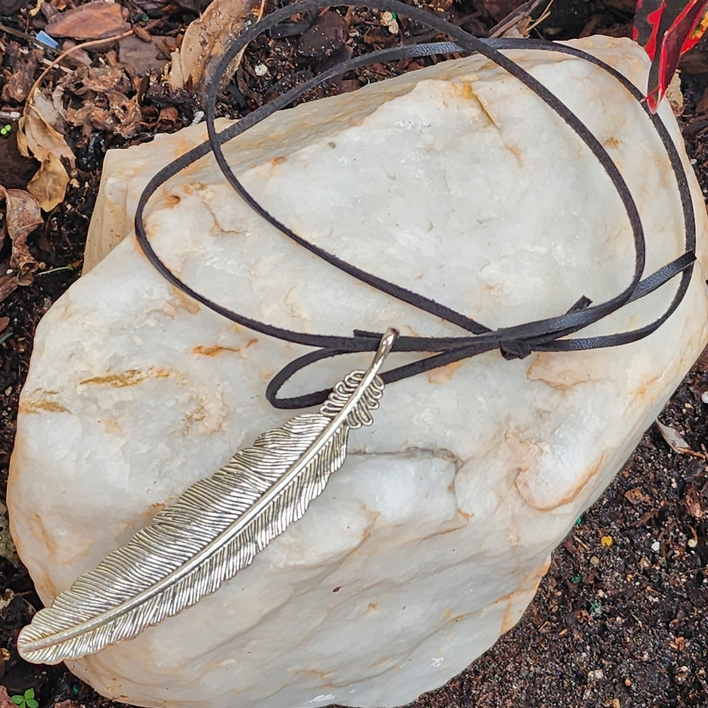 Johnny Was Jewelry Large Silver Pendant Feather Charm Black Cord Boho - Picture 8 of 12